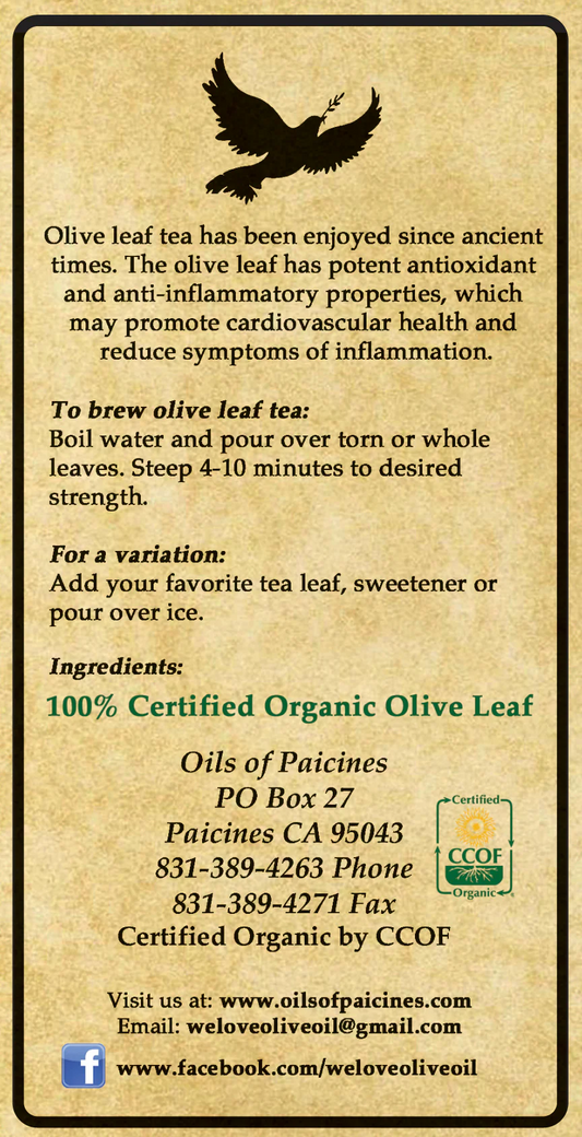 Organic Olive Leaf Tea, Caffeine Free, Delicious Hot or Cold - 1.5 oz